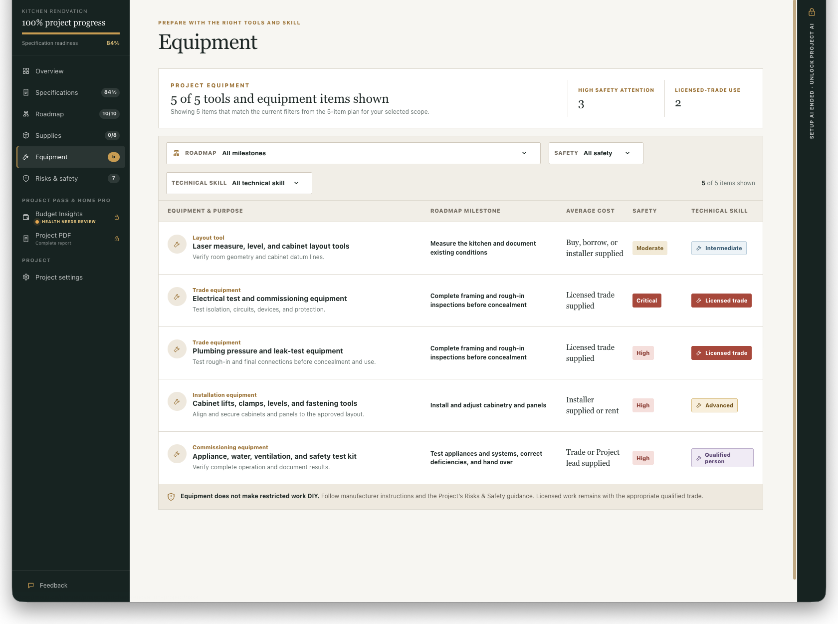 Understand which tools, equipment, and technical skills each milestone requires.