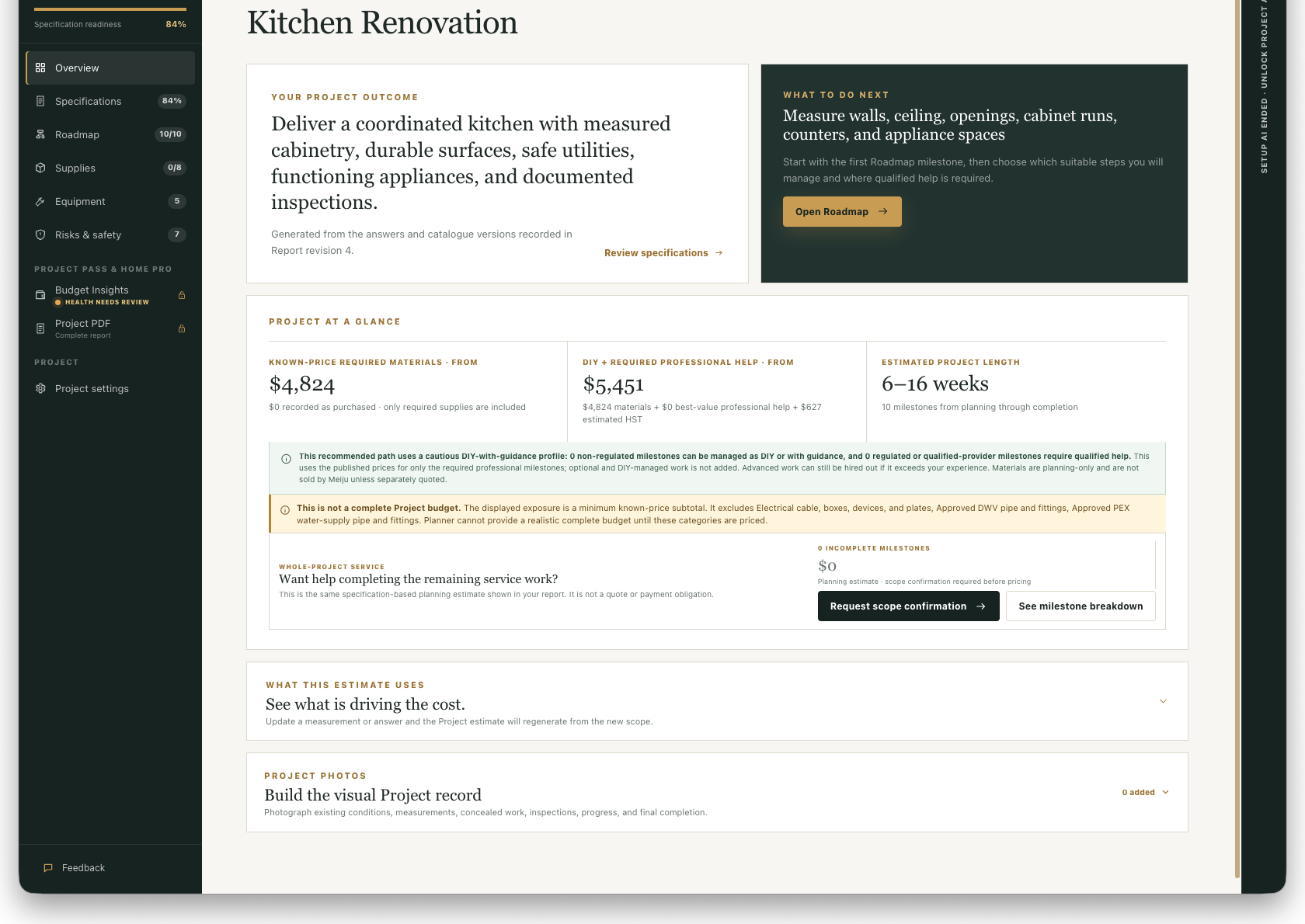 Review the generated project outcome, planning estimates, and next recommended action.