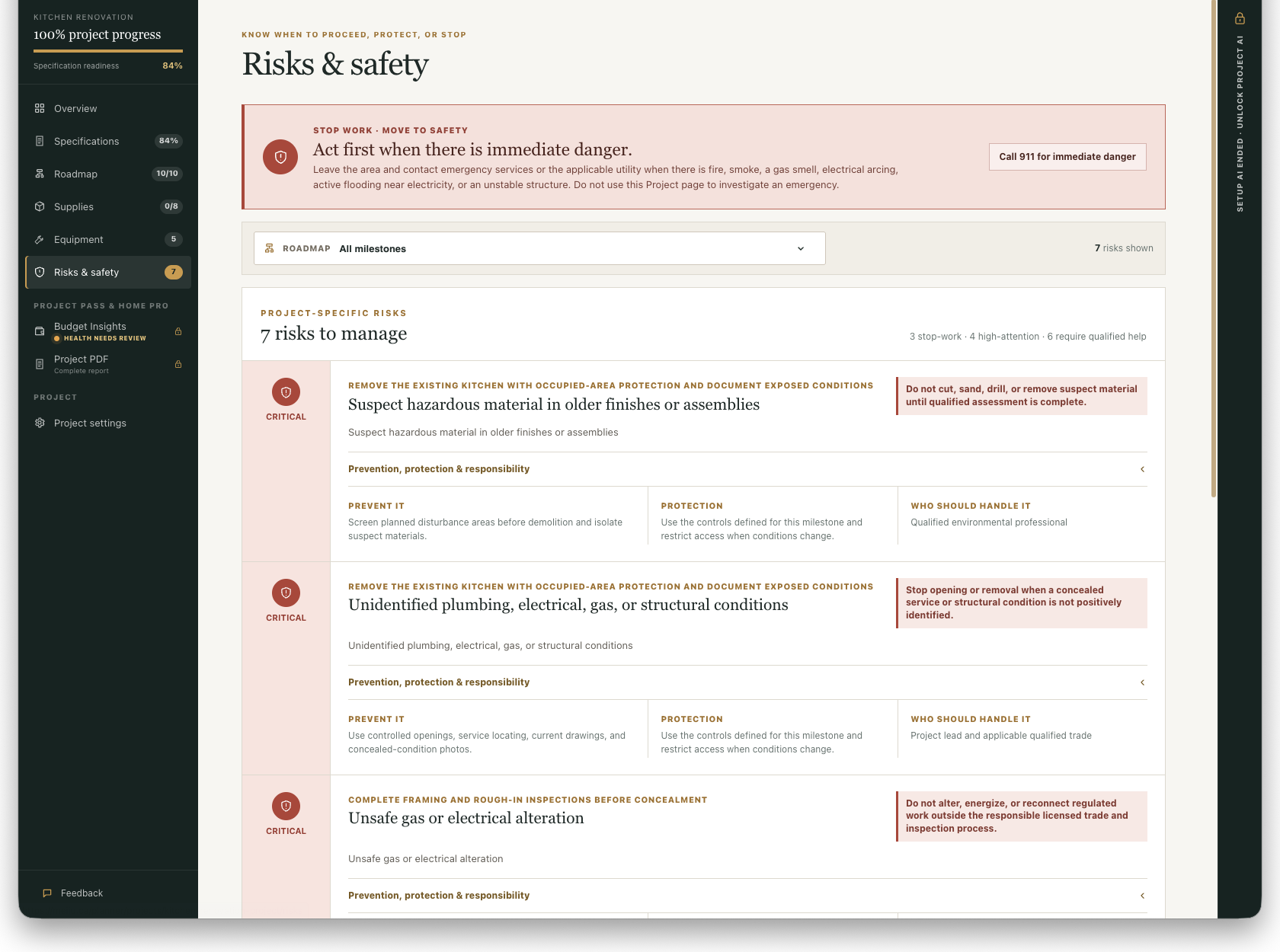 Recognize project-specific risks, stop-work conditions, and qualified-trade boundaries.