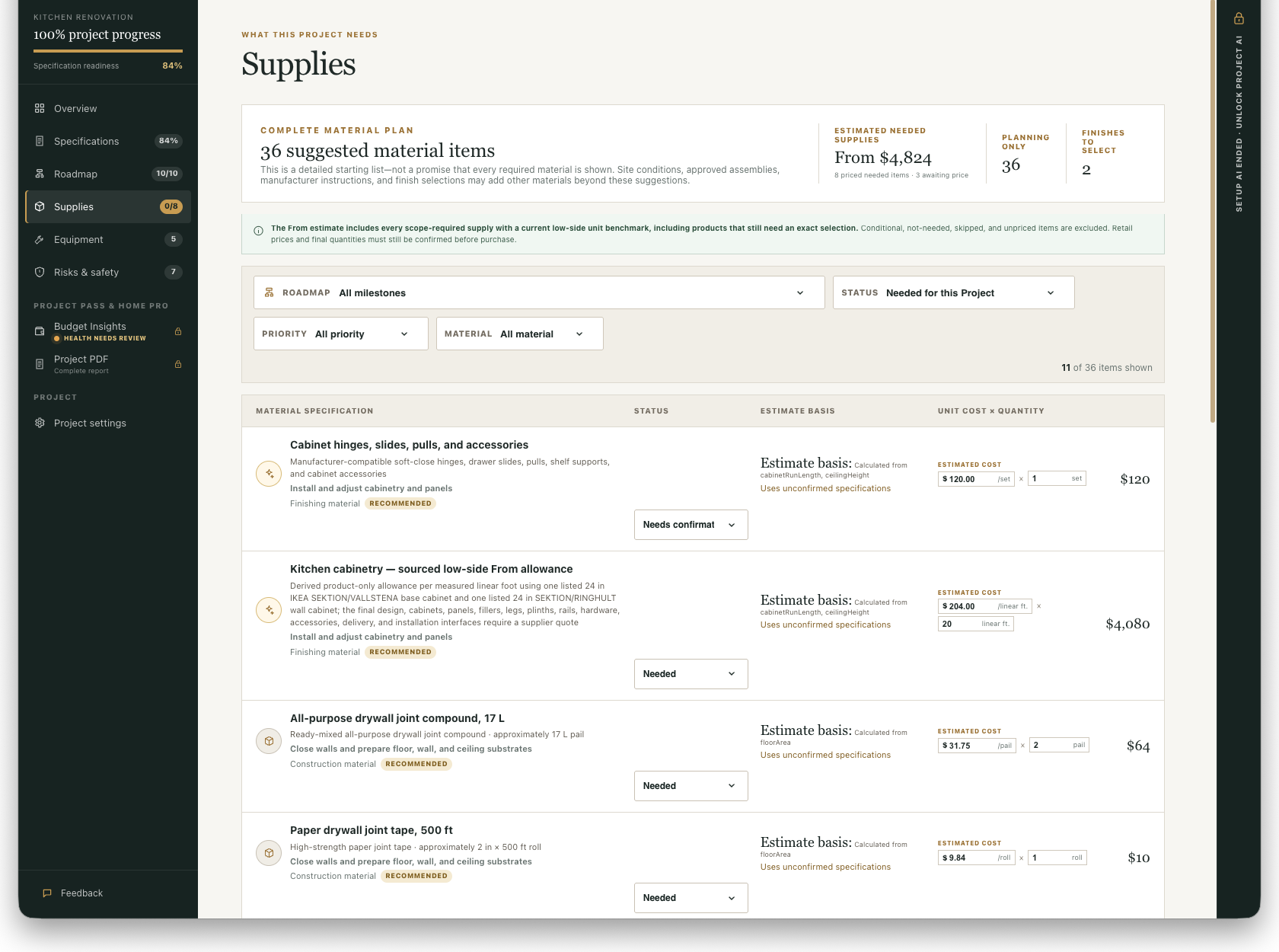 Build a project-specific supply plan with quantities and planning prices.