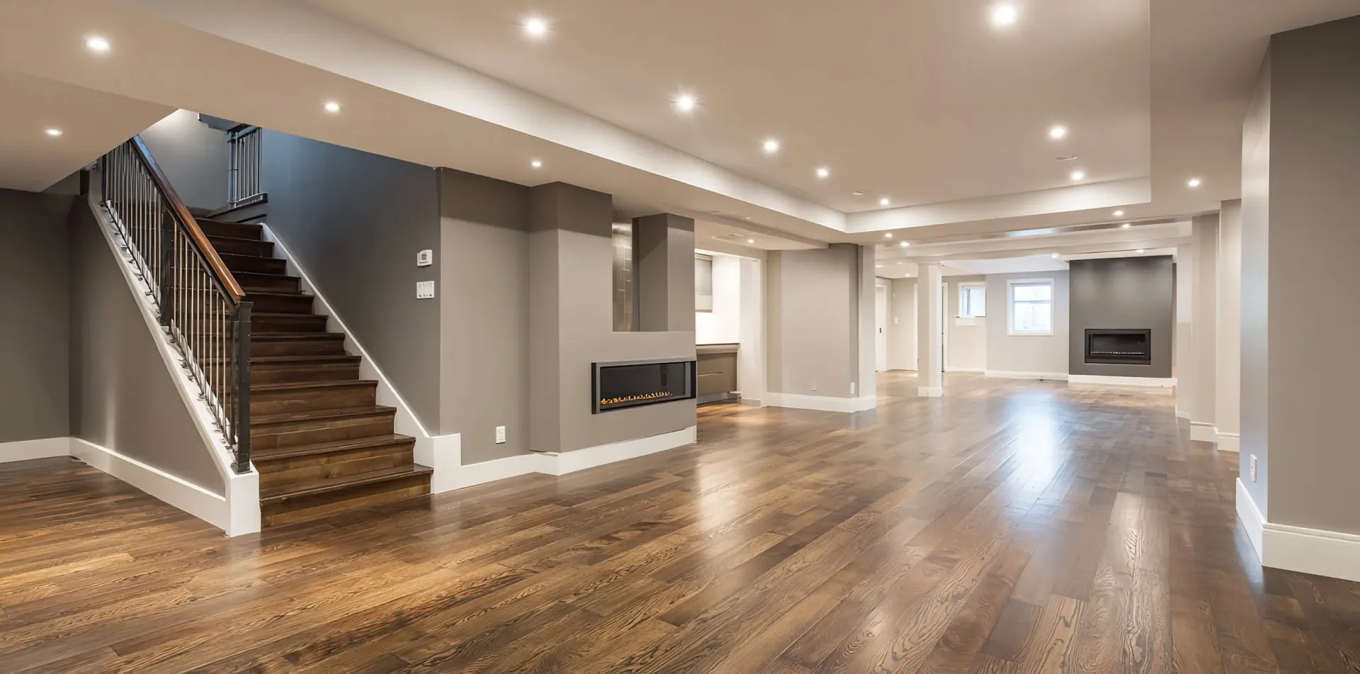 Completed Meiju basement renovation in Ottawa with finished flooring, lighting and fireplace
