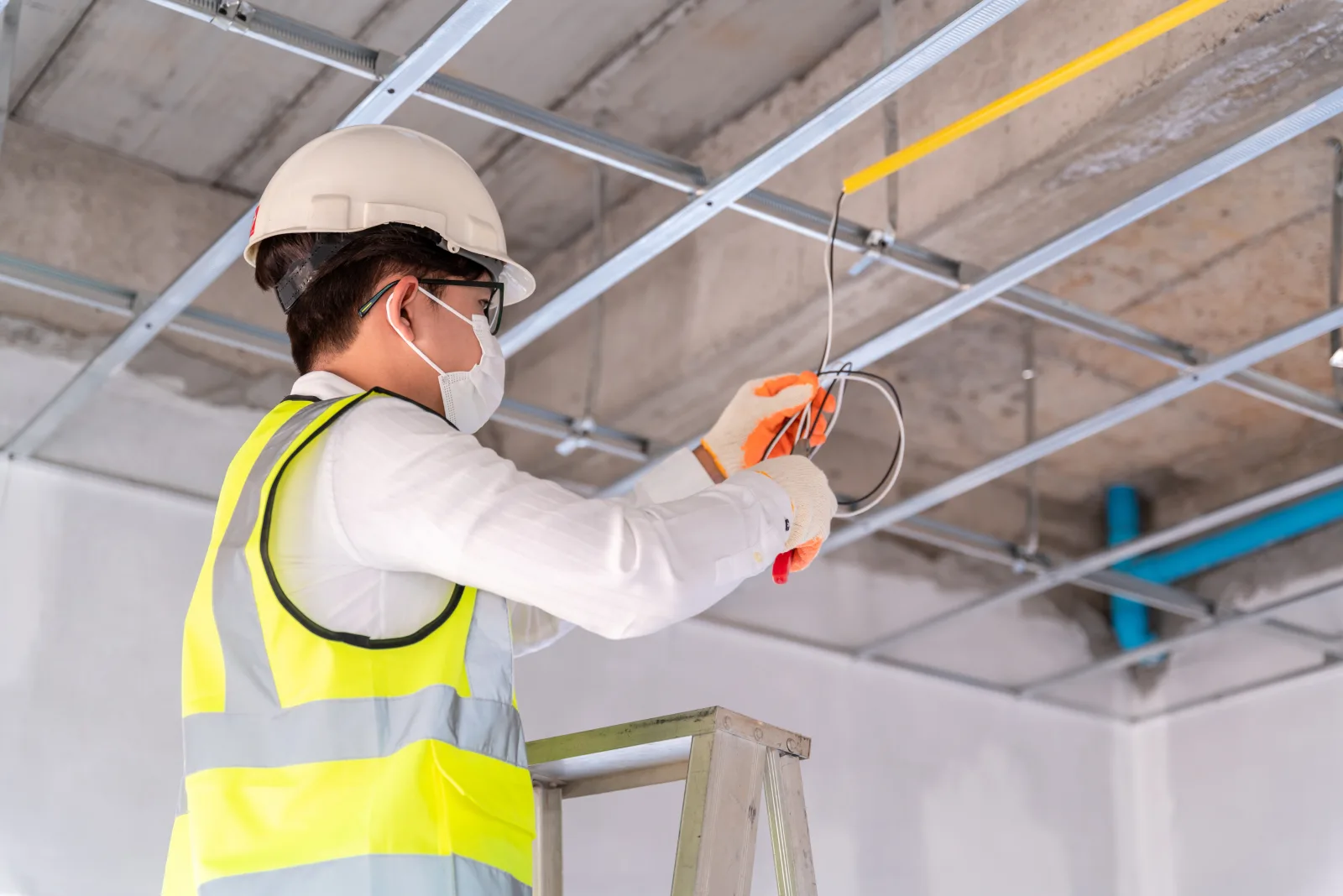 Commercial tradesperson completing overhead service work in an active fit-out.